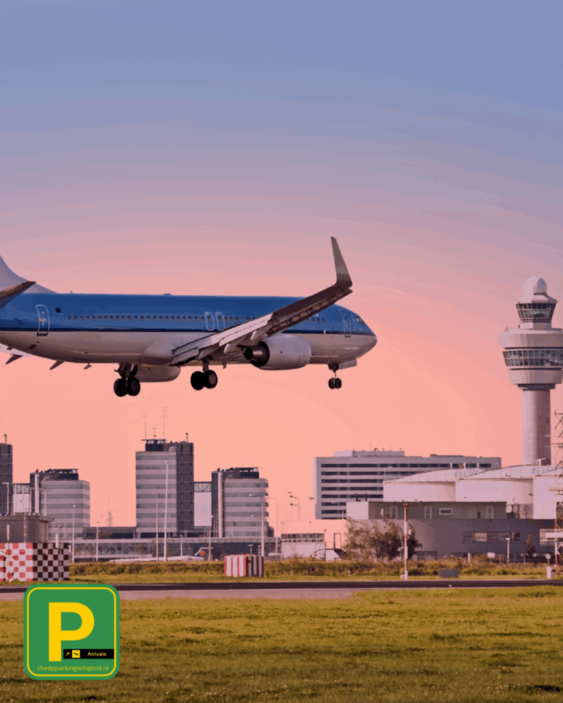 Passagiersvliegtuig landt op Schiphol bij zonsondergang, met de verkeerstoren op de achtergrond; visualisatie van lang parkeren via cheapparkingschiphol.nl.
